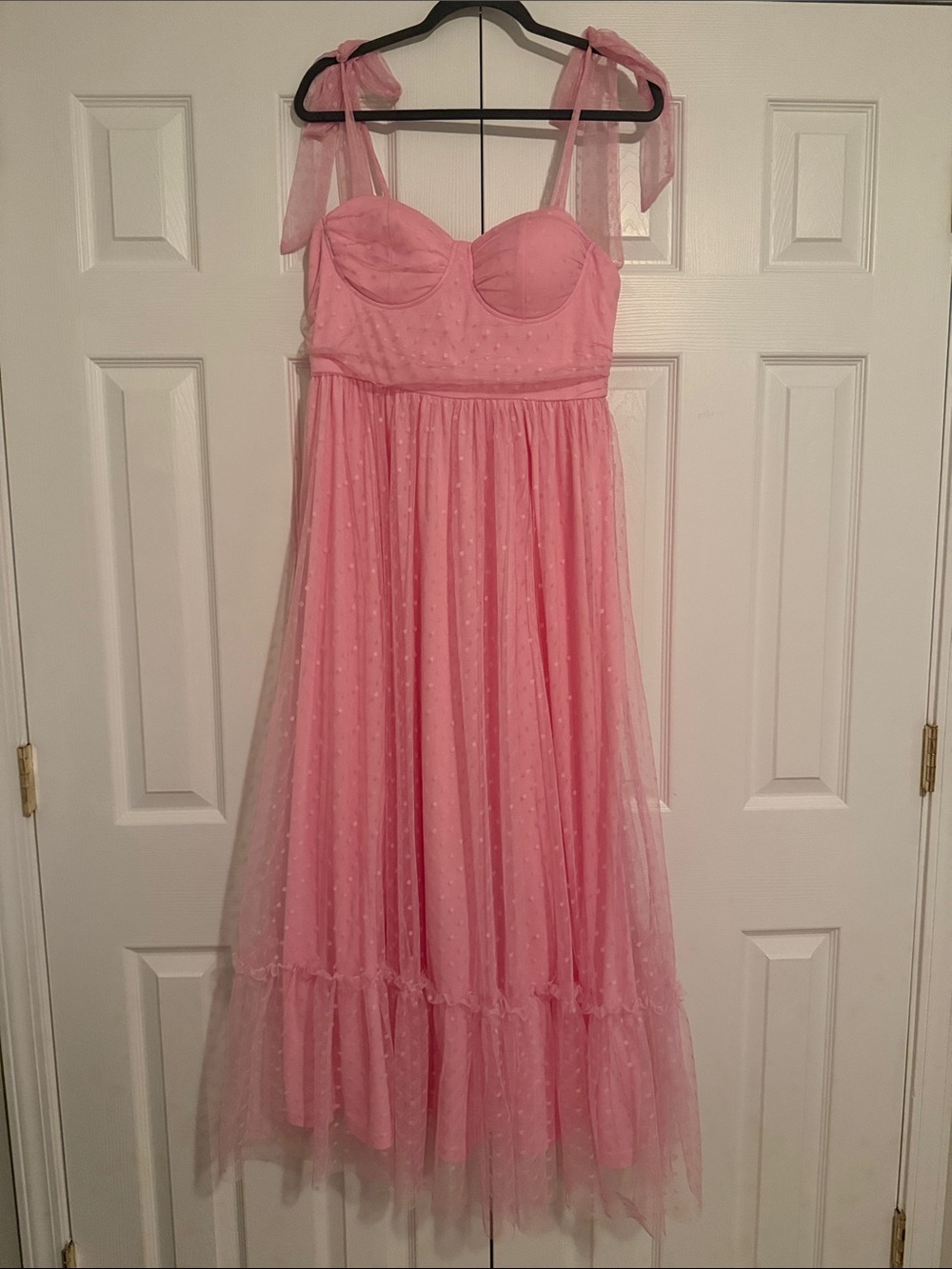 Pink Tulle Midi Dress with Tie Straps
